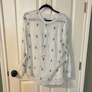 LOFT White Shirt with Blue and Green Accents